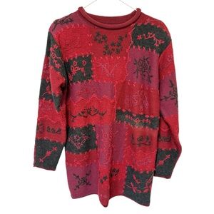 Vintage 90s Womens Floral Patchwork Sweater XL Boho Indie Embroidered Grandma